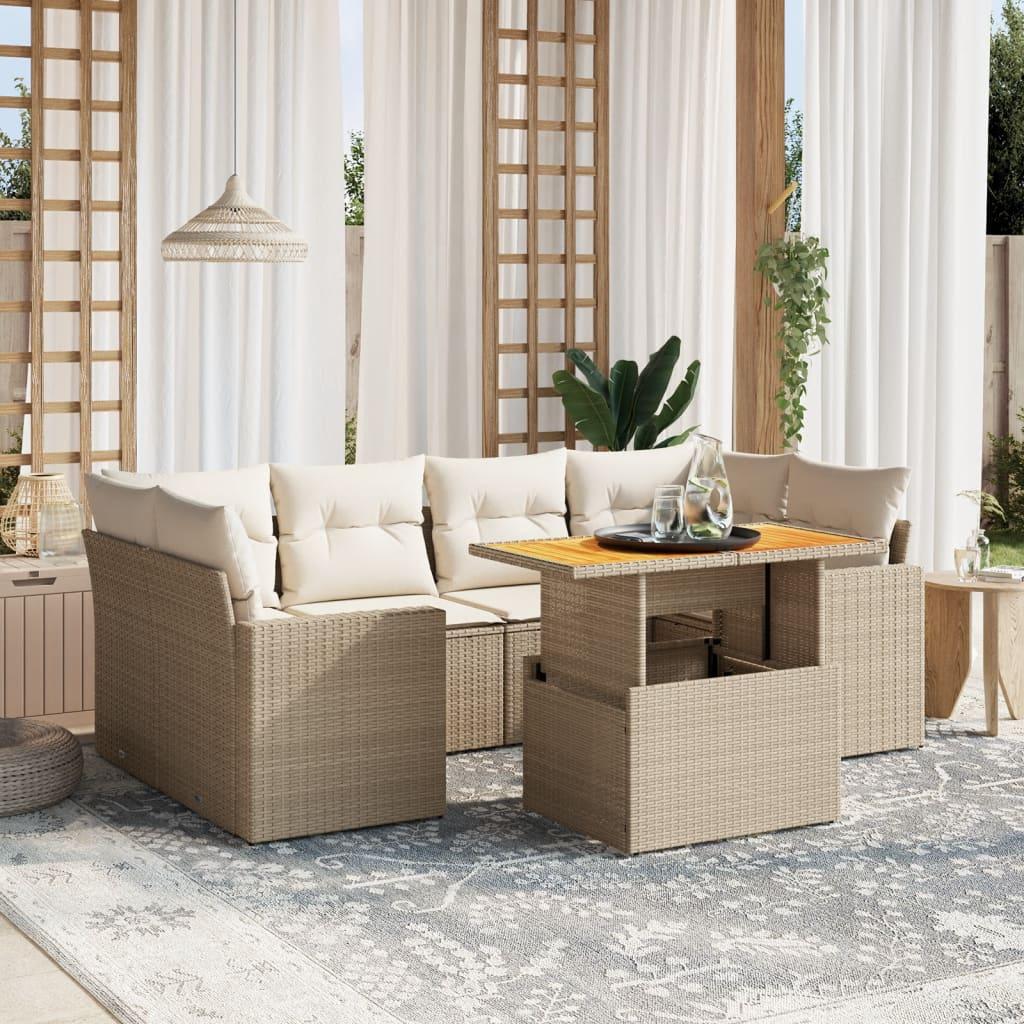 Sofasæt til haven 7 dele med hynder i polyrattan beige