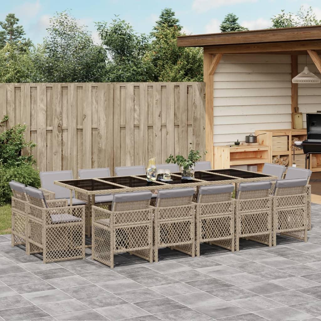 Spisebordssæt til haven 15 dele med hynder polyrattan beige