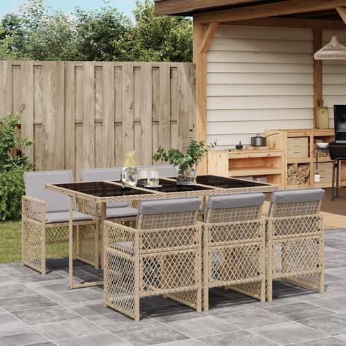 Spisebordssæt til haven 7 dele med hynder polyrattan beige