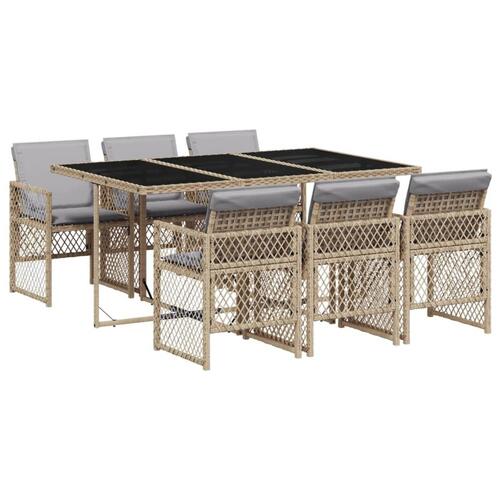 Spisebordssæt til haven 7 dele med hynder polyrattan beige