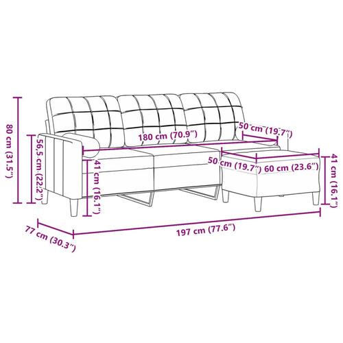 3-personers sofa med fodskammel 180 cm velour lyserød