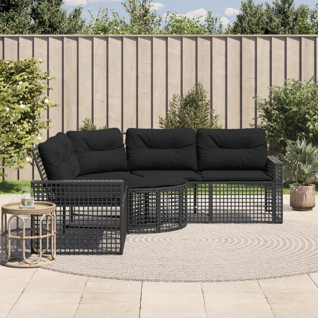 Havesofa Med Hynder Og Fodskammel L-Formet Polyrattan - Sort