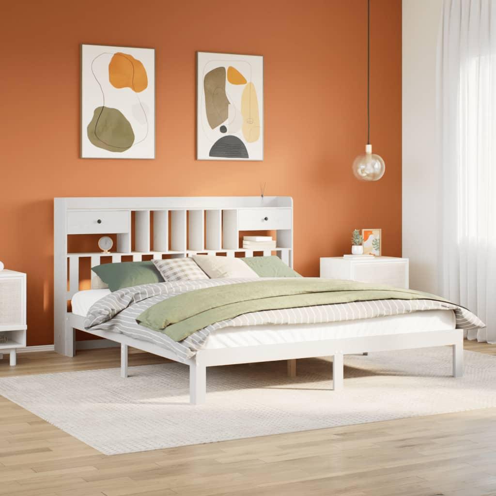 Seng med reol uden madras 180x200 cm massivt fyrretræ hvid billede