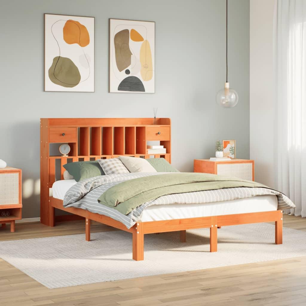 Seng med reol uden madras 140x190cm massivt fyrretræ gyldenbrun billede