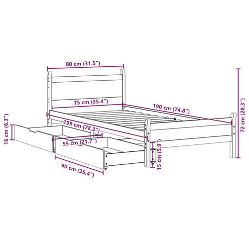 Sengeramme uden madras 75x190 cm massivt fyrretræ
