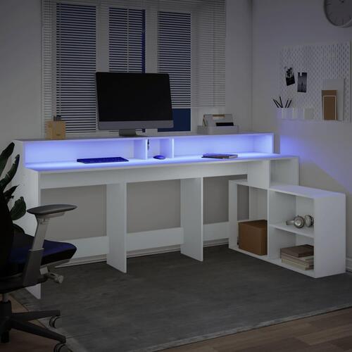 Skrivebord med LED-lys 200x104x91 cm konstrueret træ hvid