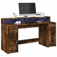 Skrivebord med LED-lys 160x55x91 cm konstrueret træ røget eg