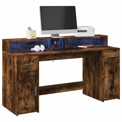 Skrivebord med LED-lys 160x55x91 cm konstrueret træ røget eg