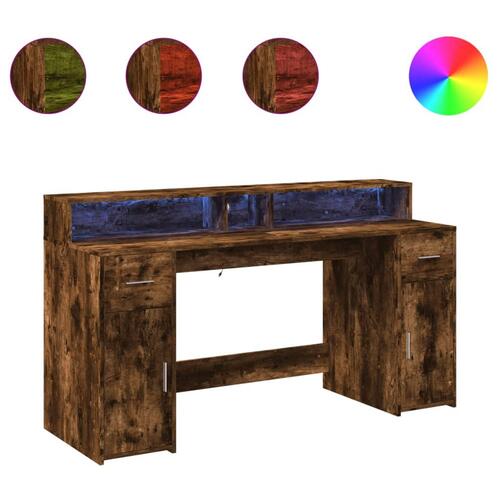 Skrivebord med LED-lys 160x55x91 cm konstrueret træ røget eg