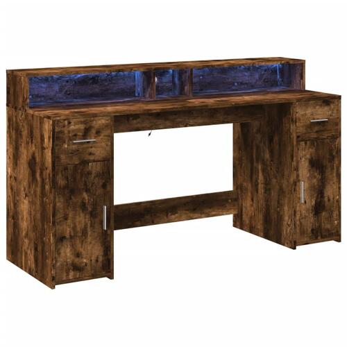 Skrivebord med LED-lys 160x55x91 cm konstrueret træ røget eg