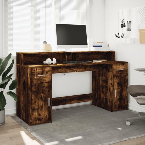 Skrivebord med LED-lys 160x55x91 cm konstrueret træ røget eg
