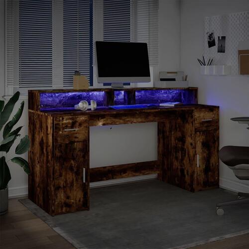 Skrivebord med LED-lys 160x55x91 cm konstrueret træ røget eg