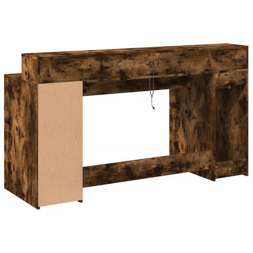 Skrivebord med LED-lys 160x55x91 cm konstrueret træ røget eg
