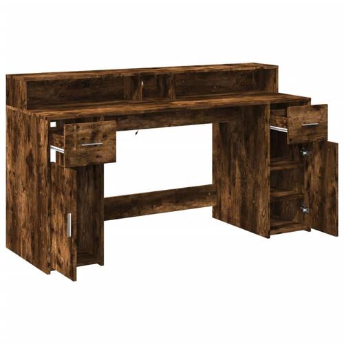 Skrivebord med LED-lys 160x55x91 cm konstrueret træ røget eg