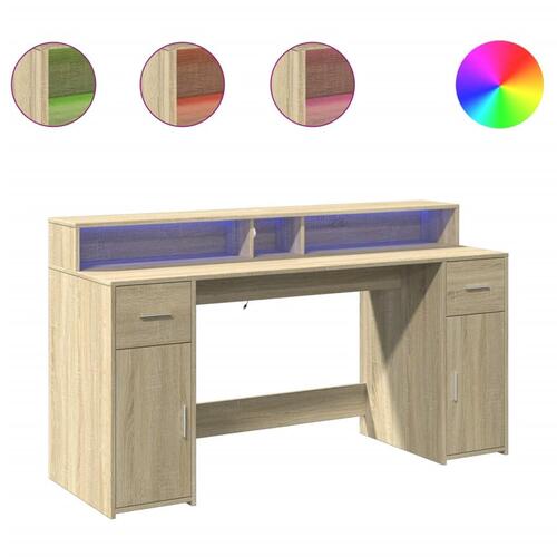 Skrivebord med LED-lys 160x55x91 cm konstrueret træ sonoma-eg