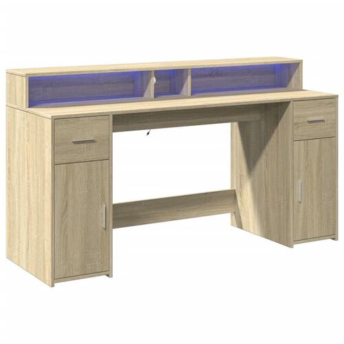 Skrivebord med LED-lys 160x55x91 cm konstrueret træ sonoma-eg