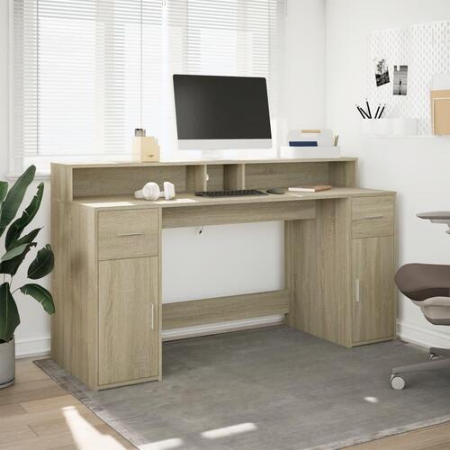 Skrivebord med LED-lys 160x55x91 cm konstrueret træ sonoma-eg