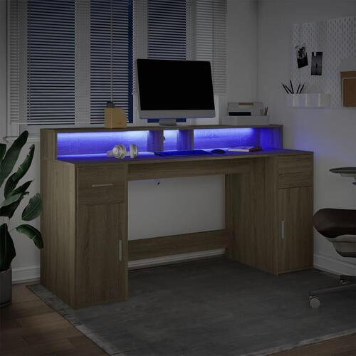 Skrivebord med LED-lys 160x55x91 cm konstrueret træ sonoma-eg