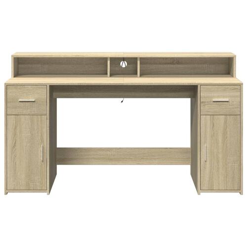Skrivebord med LED-lys 160x55x91 cm konstrueret træ sonoma-eg