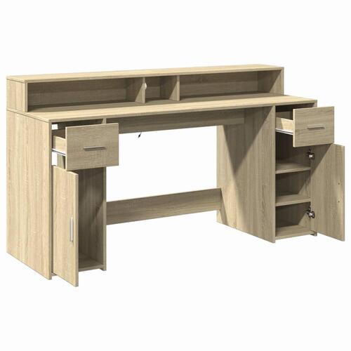 Skrivebord med LED-lys 160x55x91 cm konstrueret træ sonoma-eg
