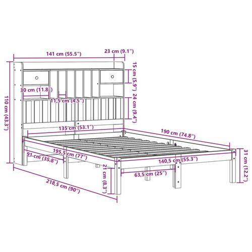 Seng med reol uden madras 135x190 cm massivt fyrretræ