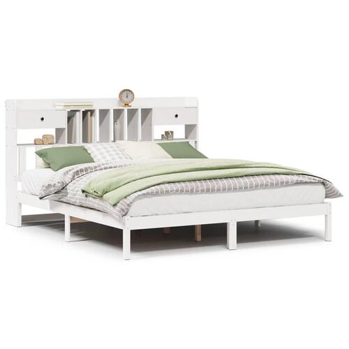 Seng med reol uden madras 200x200 cm massivt fyrretræ hvid