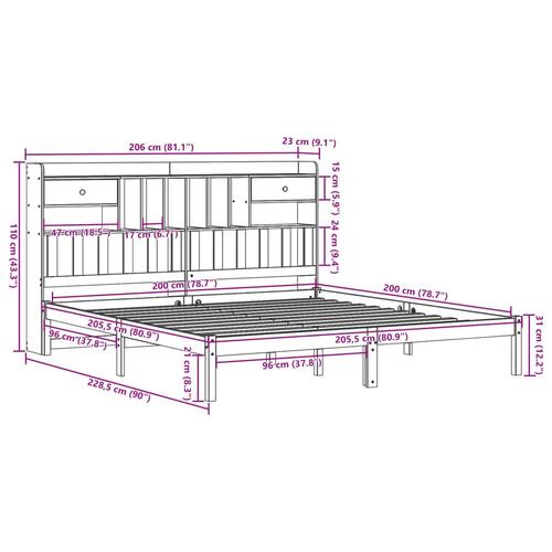 Seng med reol uden madras 200x200 cm massivt fyrretræ hvid