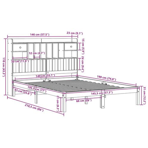 Seng med reol uden madras 140x190cm massivt fyrretræ gyldenbrun