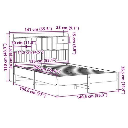 Seng med reol uden madras 135x190 cm massivt fyrretræ