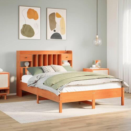 Seng med reol uden madras 135x190cm massivt fyrretræ gyldenbrun