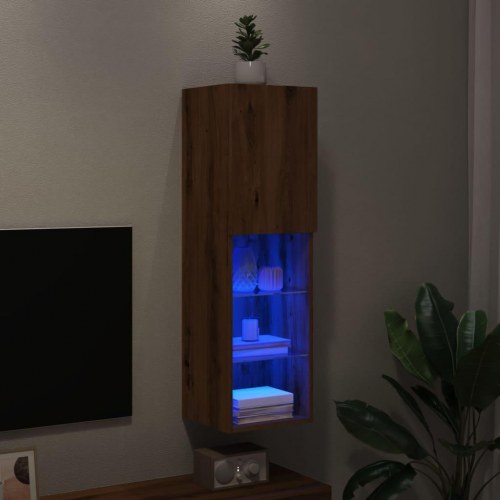 Væghængt tv-bord med LED-lys - 30,5 x 30 x 102 cm, egetræsfarve