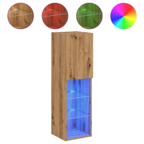 Væghængt tv-bord med LED-lys - 30,5 x 30 x 102 cm, egetræsfarve