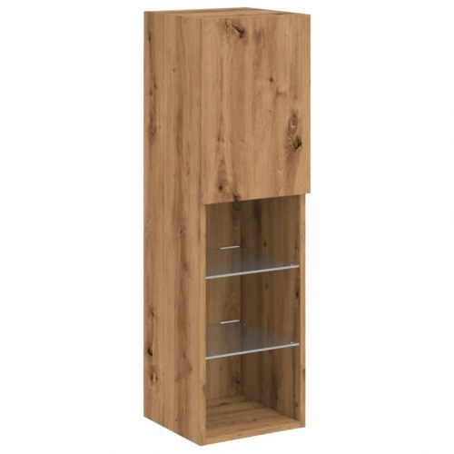 Væghængt tv-bord med LED-lys - 30,5 x 30 x 102 cm, egetræsfarve