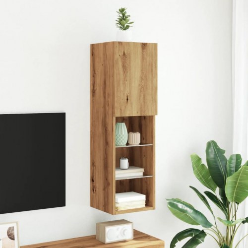 Væghængt tv-bord med LED-lys - 30,5 x 30 x 102 cm, egetræsfarve