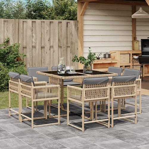 Spisebordssæt til haven 9 dele med hynder polyrattan beige