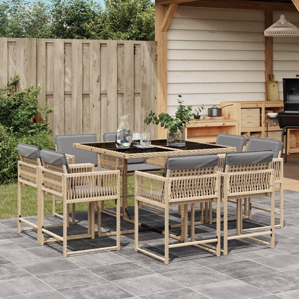 Spisebordssæt til haven 9 dele med hynder polyrattan beige