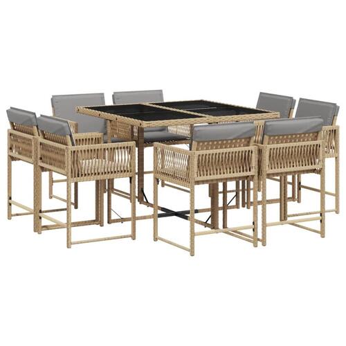 Spisebordssæt til haven 9 dele med hynder polyrattan beige