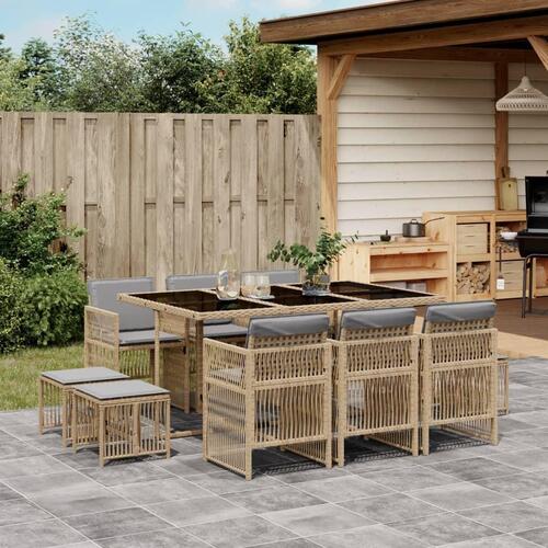 Spisebordssæt til haven 11 dele med hynder polyrattan beige