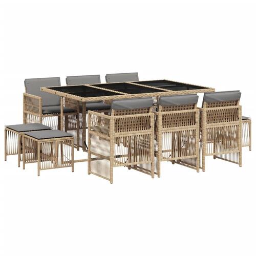 Spisebordssæt til haven 11 dele med hynder polyrattan beige