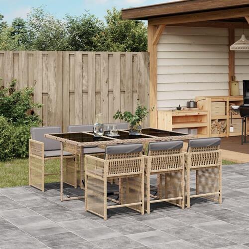 Spisebordssæt til haven 7 dele med hynder polyrattan beige