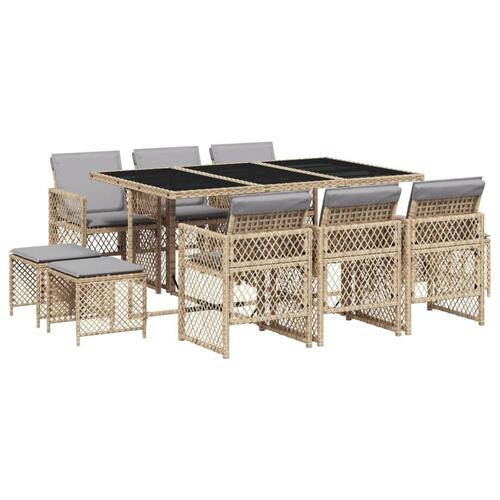 Spisebordssæt til haven 11 dele med hynder polyrattan beige