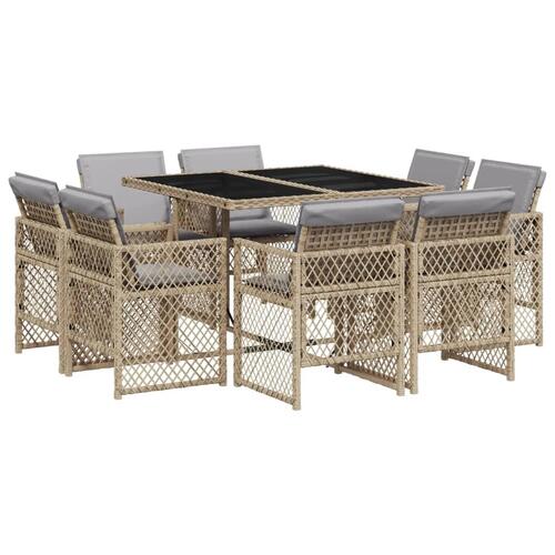 Spisebordssæt til haven 9 dele med hynder polyrattan beige