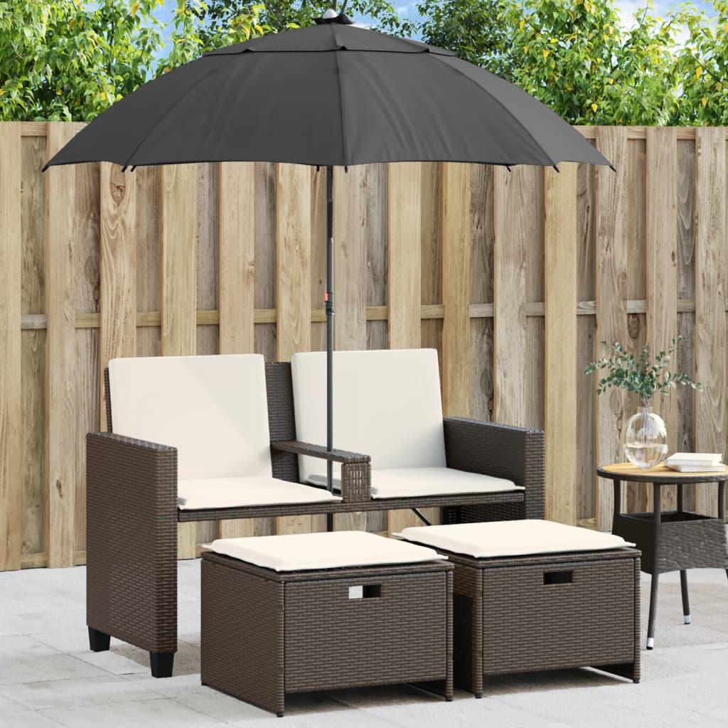 2-Personers Havesofa Med Parasol Og Skamler Polyrattan Sort - Brun