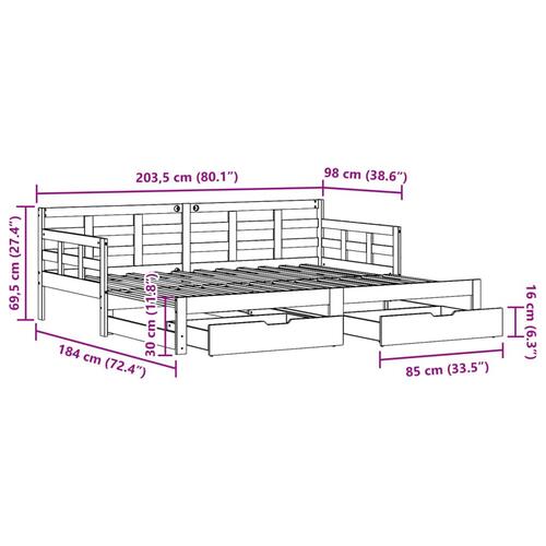 Daybed med udtræk og skuffer 90x200 cm massivt fyrretræ hvid