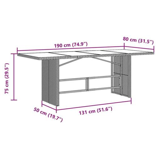 Havebord med glastop 190x80x75 cm polyrattan brun