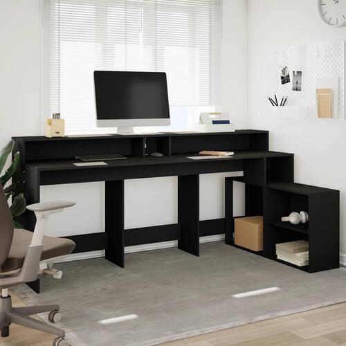 Skrivebord med LED-lys 200x104x91 cm konstrueret træ sort