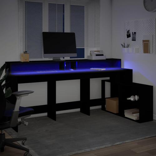 Skrivebord med LED-lys 200x104x91 cm konstrueret træ sort