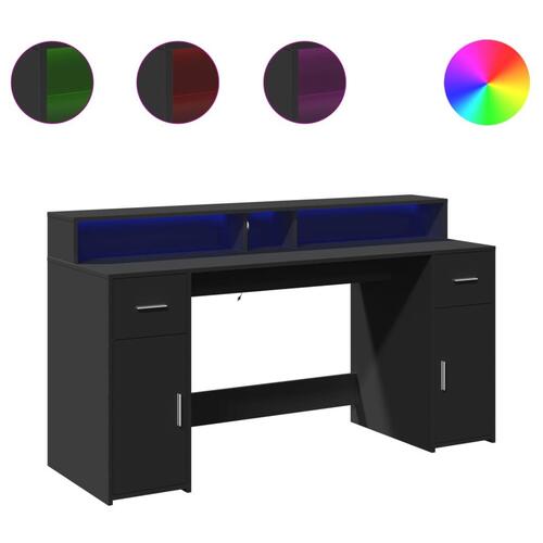 Skrivebord med LED-lys 160x55x91 cm konstrueret træ sort