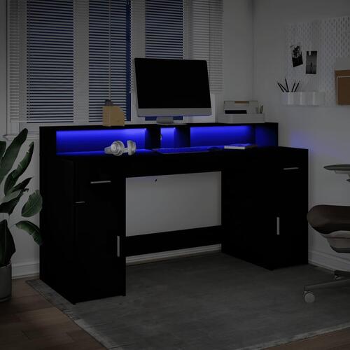 Skrivebord med LED-lys 160x55x91 cm konstrueret træ sort