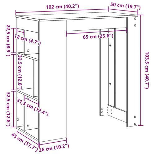 Barbord m.stativer 102x50x103,5cm konstrueret træ grå sonoma-eg